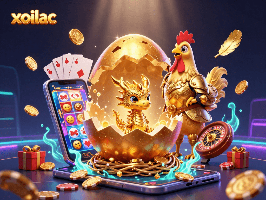 Xoilac offers exciting gaming with a golden dragon, poker chips, and vibrant slot games.