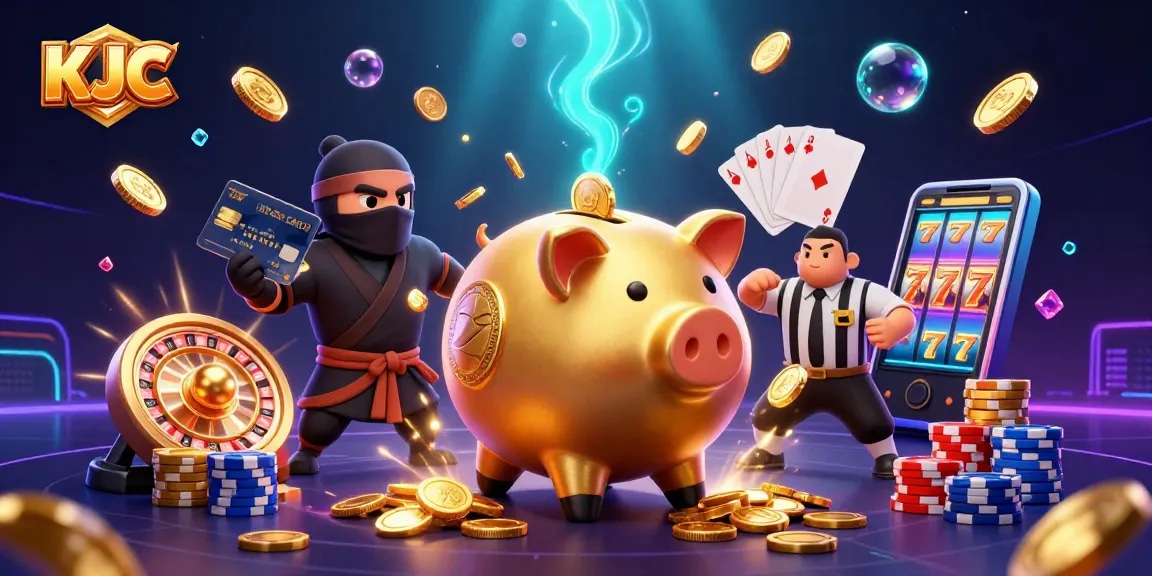 KJC gaming illustration with golden sumo pig stomping, casino elements flying around