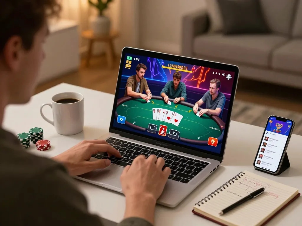 Engaging online poker gameplay on LV88, with vibrant card graphics and thoughtful player strategies.