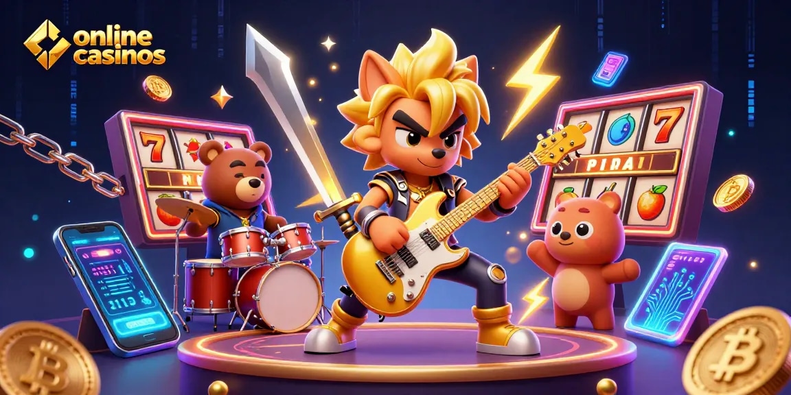 Enjoy exciting action at online casinos with this vibrant illustration featuring a rock star wolf and gaming elements.