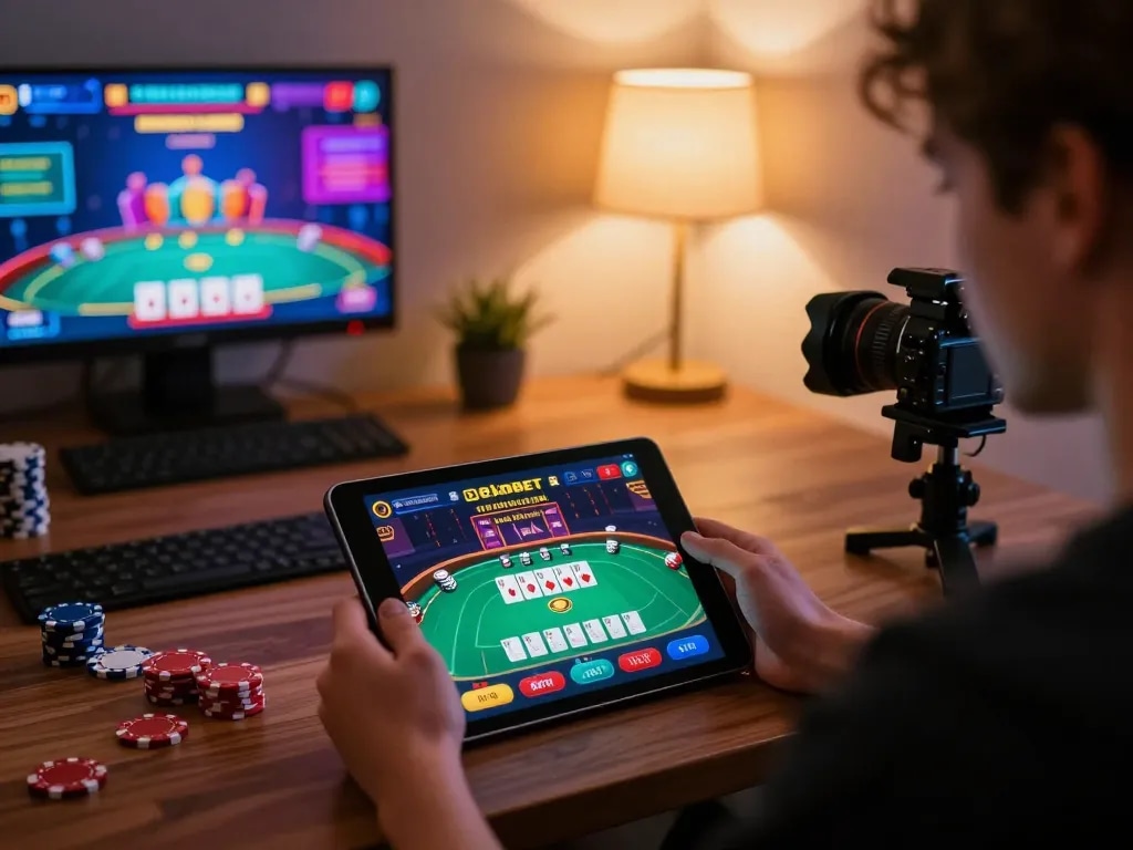 Player enjoying 8kbet online gaming on tablet, showcasing interactive poker gameplay