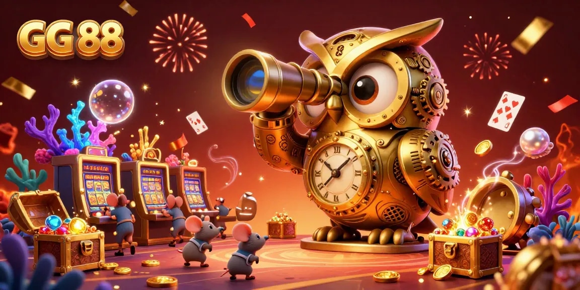 Experience thrilling gameplay at GG 88 with vibrant characters, energetic slot machines, and festive casino atmosphere.