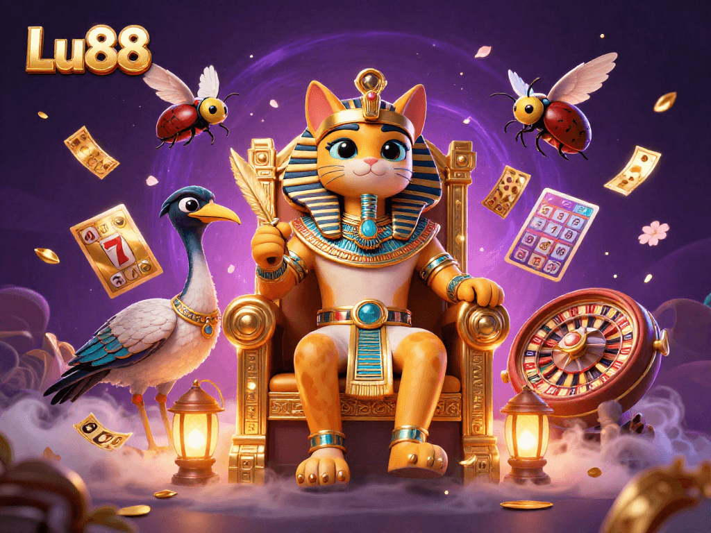 Lu88 showcases thrilling slots and bingo games with Egyptian-style characters in a vibrant casino scene