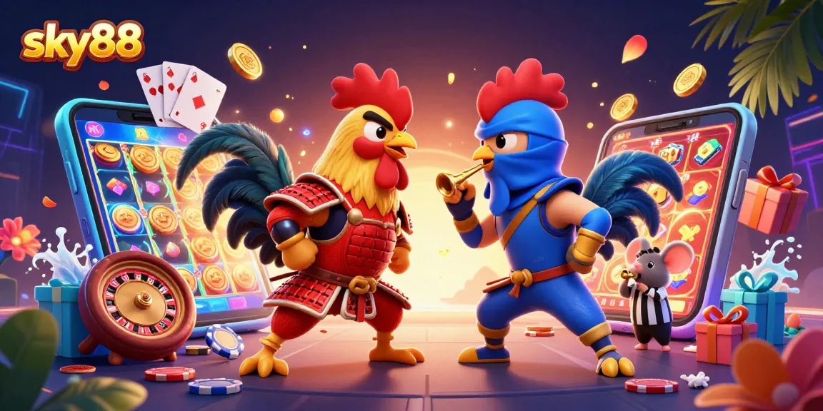 Engage in thrilling battles with sky88 as cartoon roosters clash in a vibrant casino setting.
