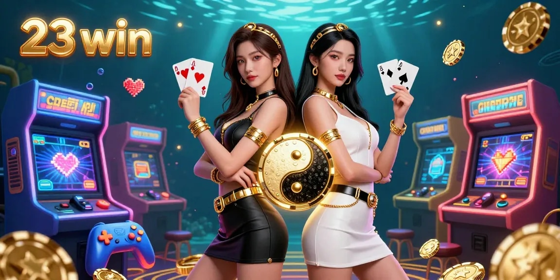 Experience thrilling gameplay with 23 win in a vibrant casino setting featuring stunning Asian women and glowing game elements.