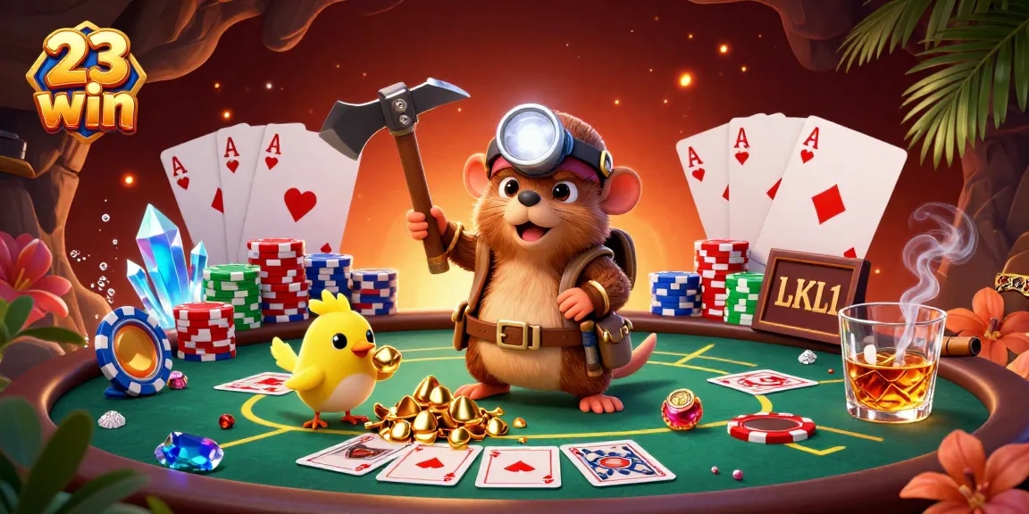 Join the excitement at 23 win with a vibrant poker scene featuring a treasure hunter mole and a canary.