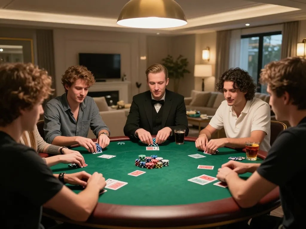Tic88 casino poker scene with players engaging in an intense game in a luxurious setting.