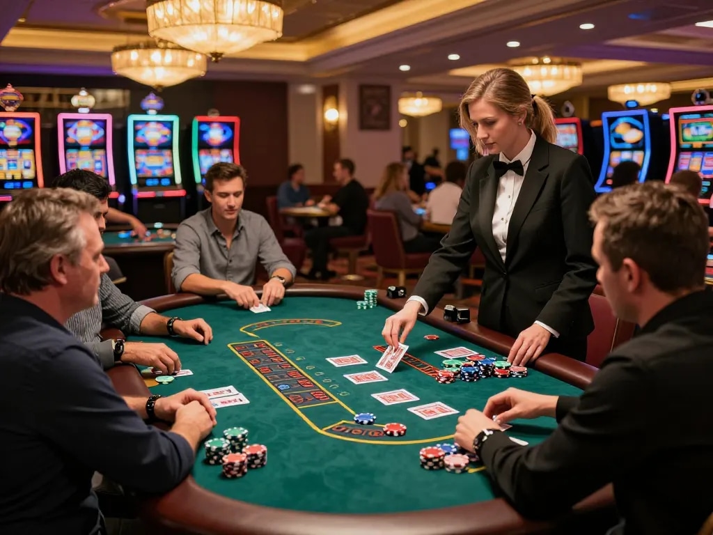 GO8 players placing bets at a vibrant blackjack table, showcasing dynamic casino action and excitement.