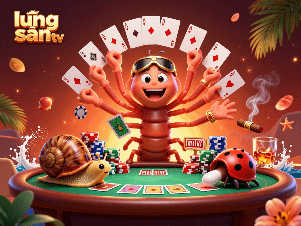 The lương sơn tv features a vibrant scene with a millipede dealer, snail high-roller, and excitement-filled atmosphere.