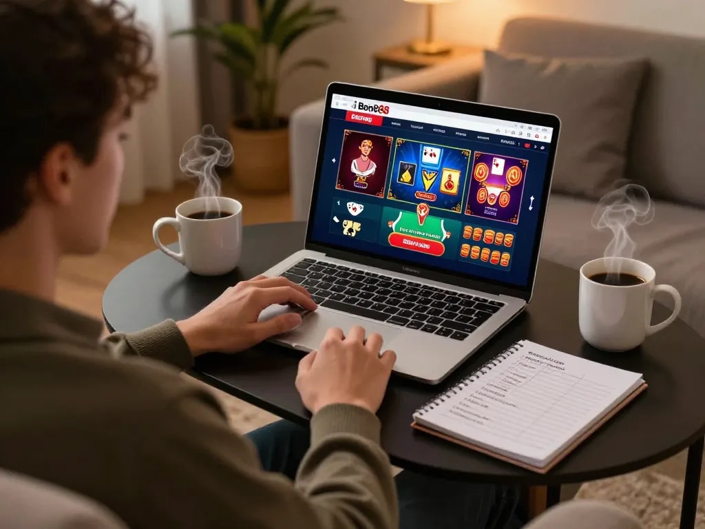 Engaged player using Website Bom88 on laptop at home, surrounded by strategy notes and coffee.