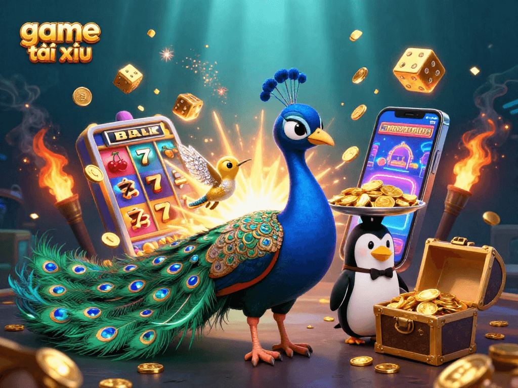 Engage in the game tài xỉu experience with vibrant characters and casino elements, showcasing winning opportunities.