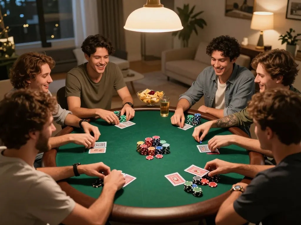 Friends enjoy a poker game at home, showcasing excitement and strategy with 566 in play.
