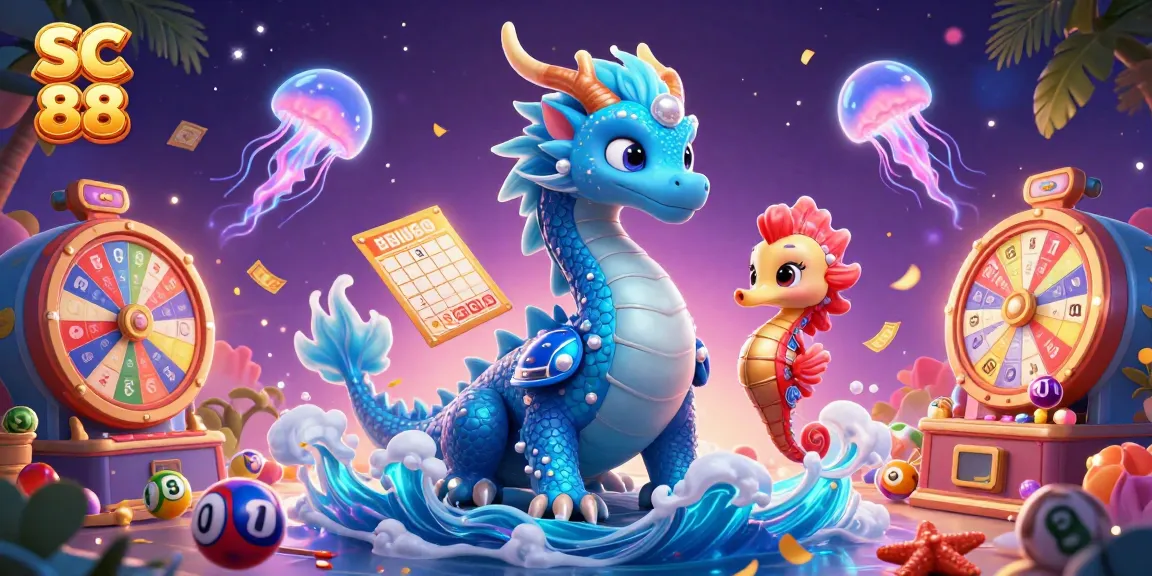 Engage in thrilling action at SC 88 with vibrant games, neon sea creatures, and festive lottery elements.