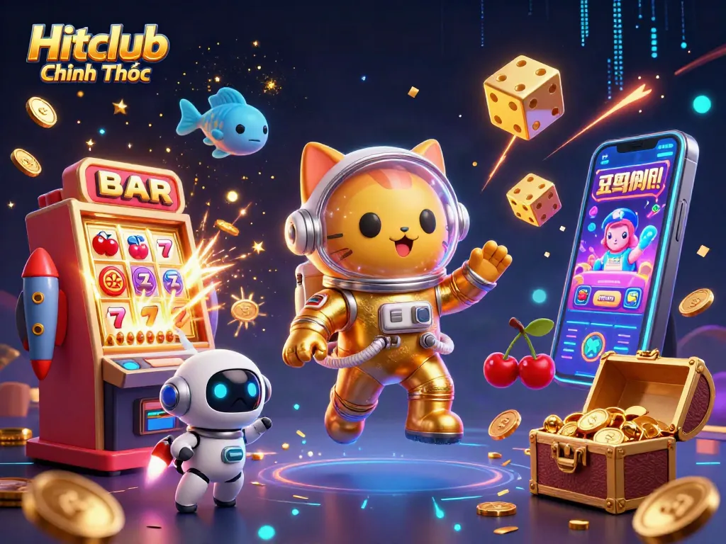 Engage with Hitclub Chính Thức by exploring thrilling casino games through a vibrant 3D illustration.