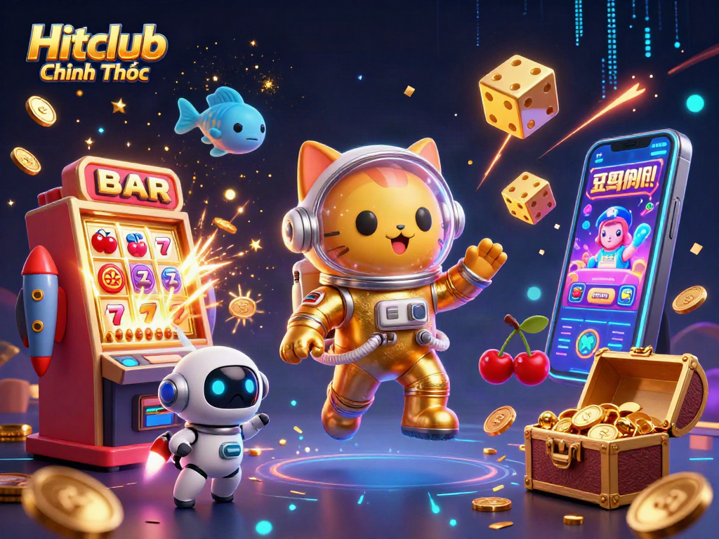 Engage with Hitclub Chính Thức by exploring thrilling casino games through a vibrant 3D illustration.