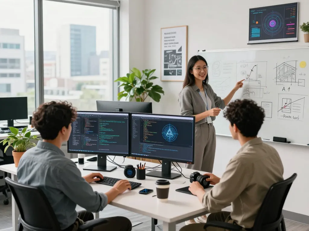 Collaboration in a tech workspace with AI developers showcasing juicy ai innovations.