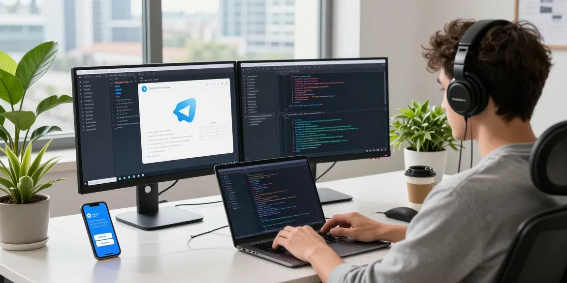 Download Telegram app showcased on a dual-monitor setup in a sleek office, emphasizing productivity and connectivity.
