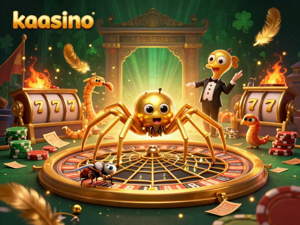 Kaasino players spinning the roulette wheel with excitement, featuring a golden spider and dynamic casino elements.