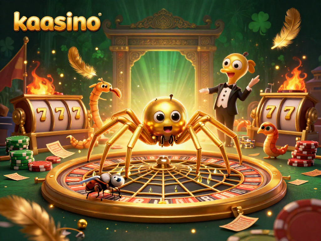Kaasino players spinning the roulette wheel with excitement, featuring a golden spider and dynamic casino elements.