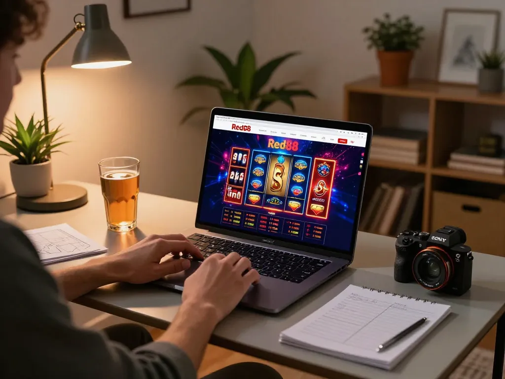 Person engaging with Website Red88 on a laptop in a cozy home office setting.