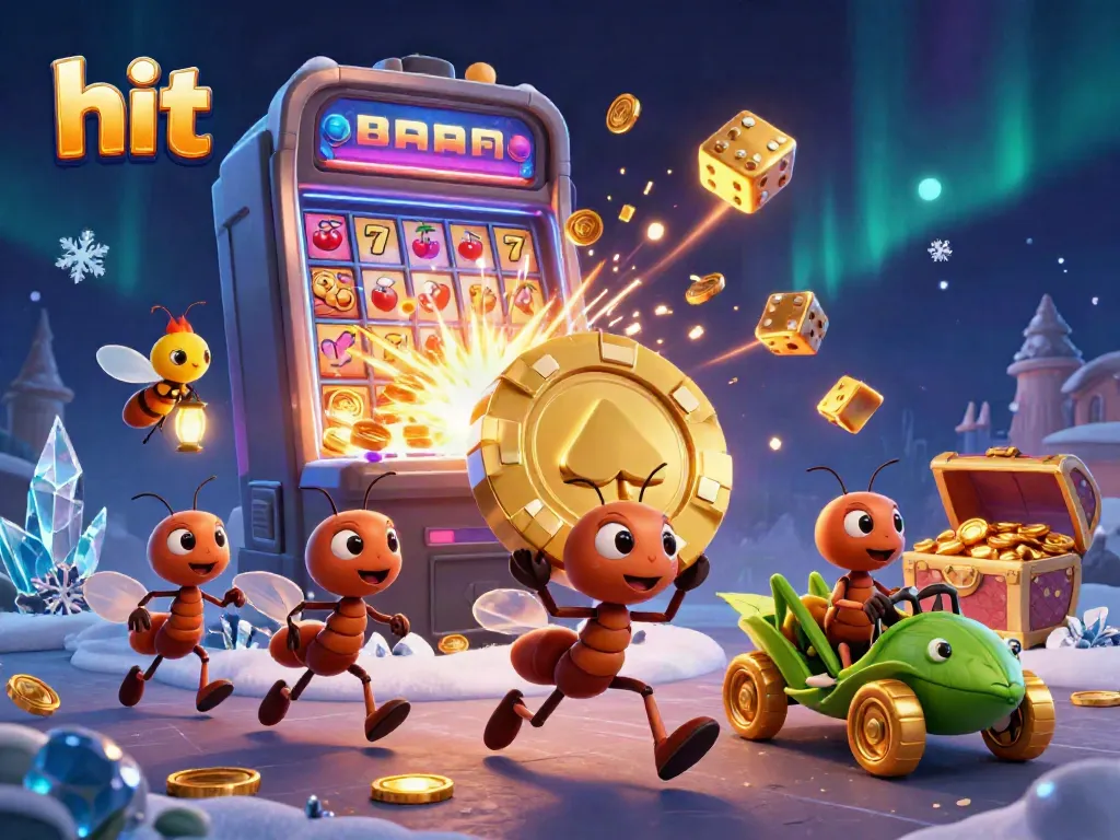 Hit the jackpot with themed casino cartoon scene featuring ants and vibrant slot elements.