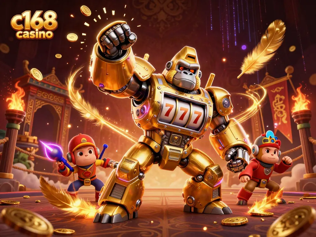 Engage with exciting c168 casino action featuring a golden gorilla mech amidst dynamic gaming elements.
