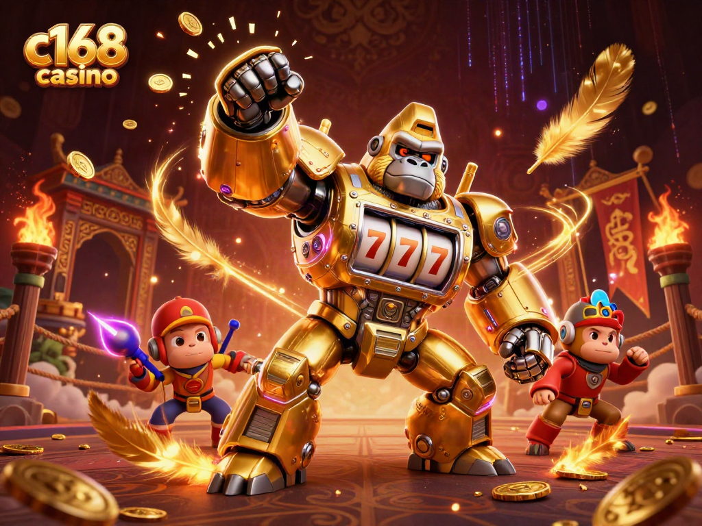 Engage with exciting c168 casino action featuring a golden gorilla mech amidst dynamic gaming elements.