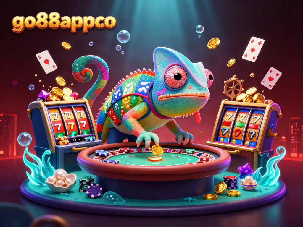 Experience gaming at go88appco with a vibrant chameleon casino owner amidst exciting slot machines and treasures.