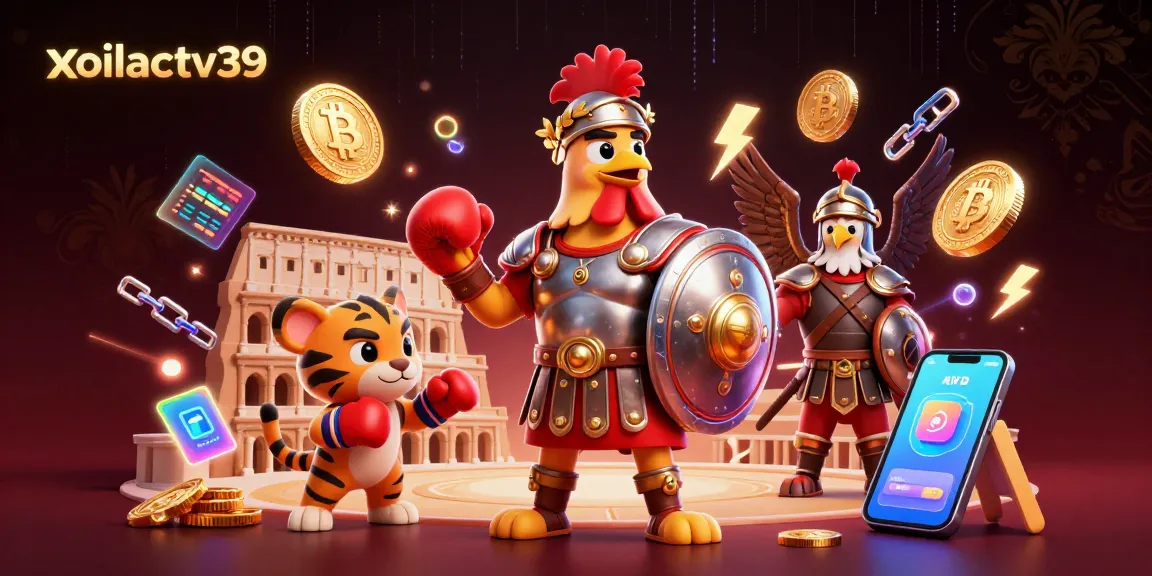 Experience gaming thrills with xoilactv39, where a rooster warrior and tiger cub conquer the colosseum.