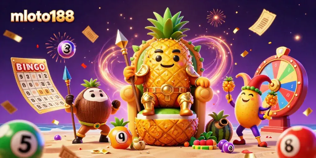 Experience thrilling gaming at mloto188 with a vibrant casino scene featuring a pineapple king and colorful lottery elements.