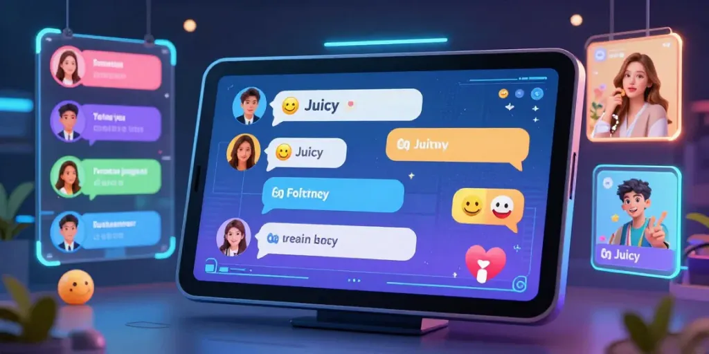 Engaging juicy ai conversation scene with colorful chat bubbles and user avatars representing diverse personalities.