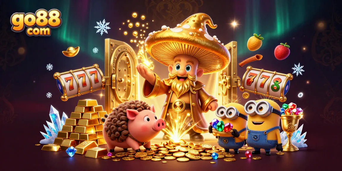 Engage with exciting slots at go88 com, featuring a golden mushroom wizard with treasures and gems.