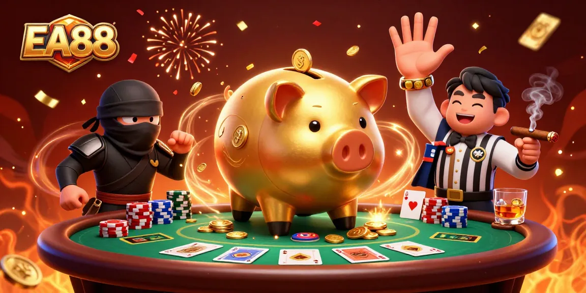 Engage with EA88 as a golden piggy bank sumo wrestler stomps and scatters coins at a poker table.