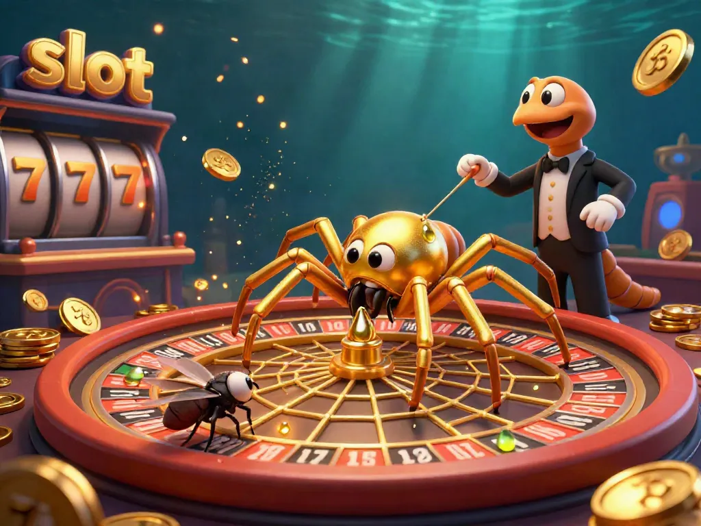 Spin and win at slots while a golden spider weaves a roulette wheel amidst a mystical casino.