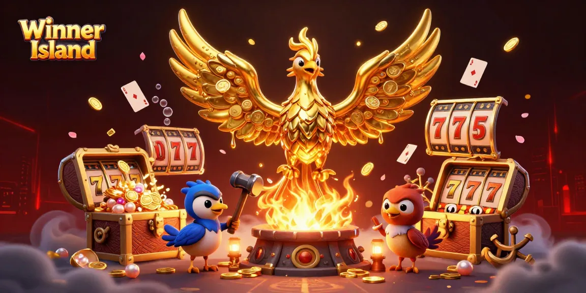 Experience the vibrant gameplay at Winner Island with golden phoenix and slot elements illuminating the scene.