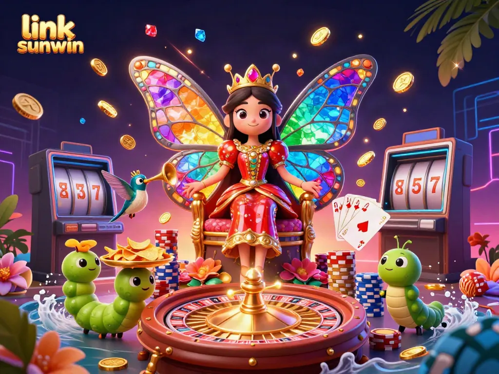 Engage with the link sunwin as the butterfly queen reigns over a vibrant gambling scene filled with rich casino elements.