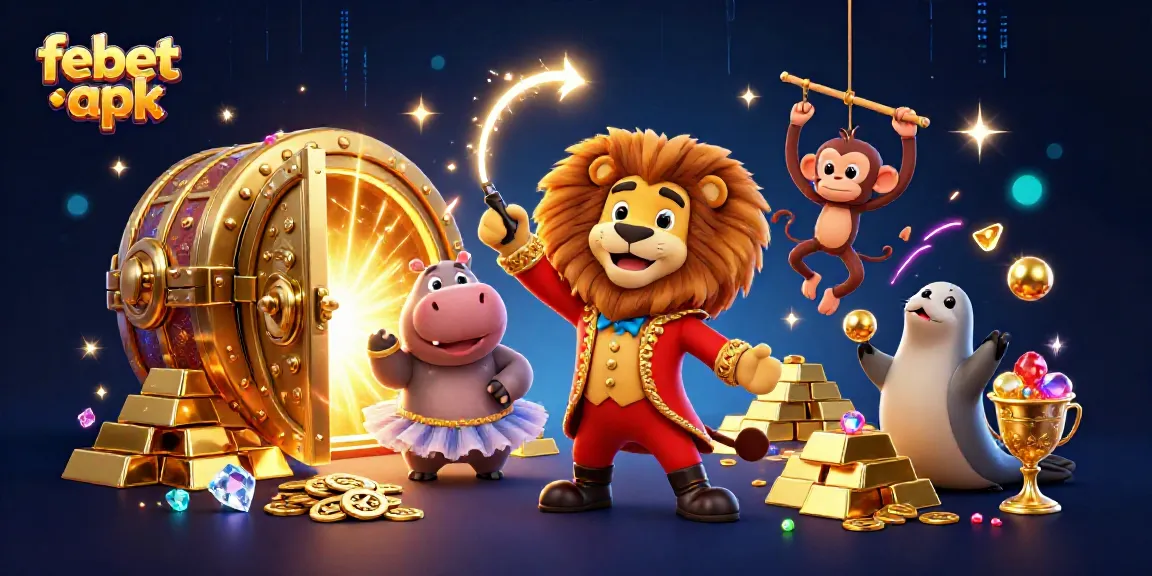 Experience the excitement of winning with febet apk's vibrant casino-themed illustration featuring dynamic characters and gold treasures.