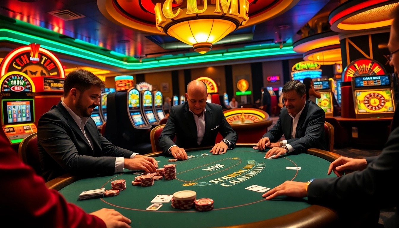 Players enjoying an M98-themed blackjack game in a luxurious casino atmosphere.