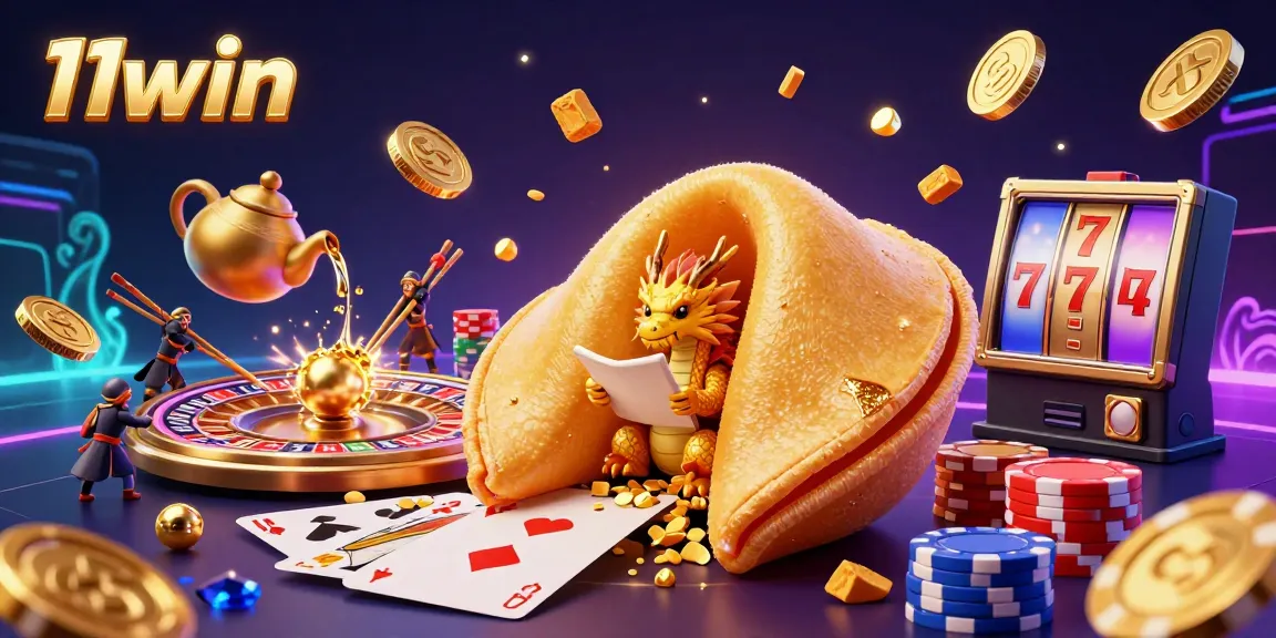 11win's golden fortune cookie reveals a wise dragon and treasures, embodying excitement in gaming.