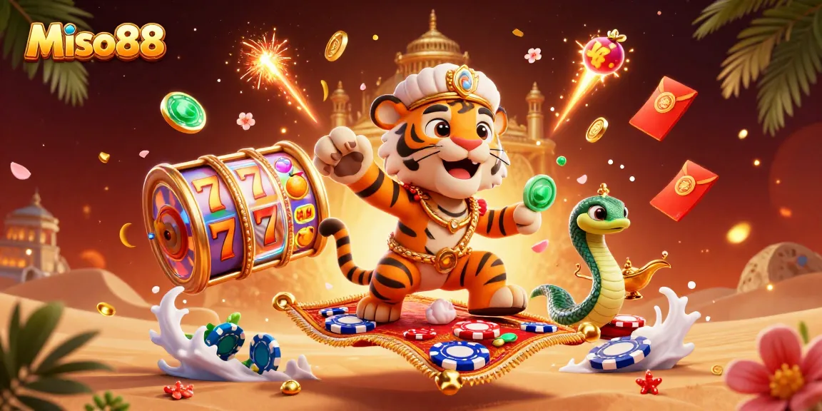 Miso88 animates an Arabian Nights scene with a tiger sultan, poker chips, and dynamic jackpot action.