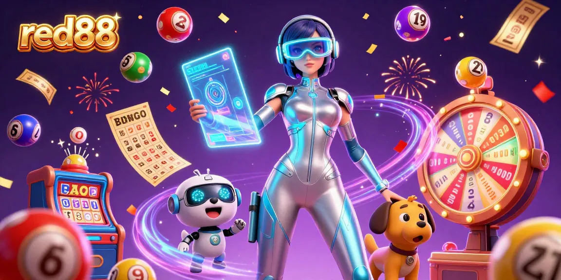 Experience the vibrant energy of red88, featuring a futuristic woman and a robot dog surrounded by colorful casino elements.