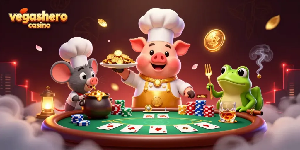 Play exciting games at vegashero casino with cartoon characters enjoying gold, poker, and vibrant elements.