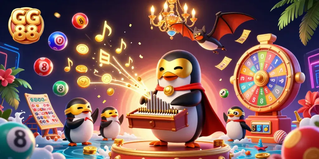 Experience the thrill at GG 88, featuring a cartoon penguin playing a golden organ with lottery elements.