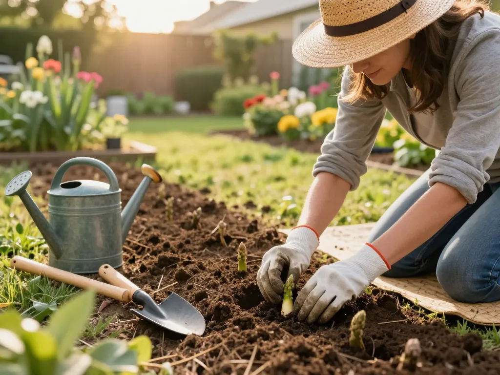Gardener planting asparagus seedlings in vibrant home garden, showcasing sustainable gardening practices with fresh soil and tools.