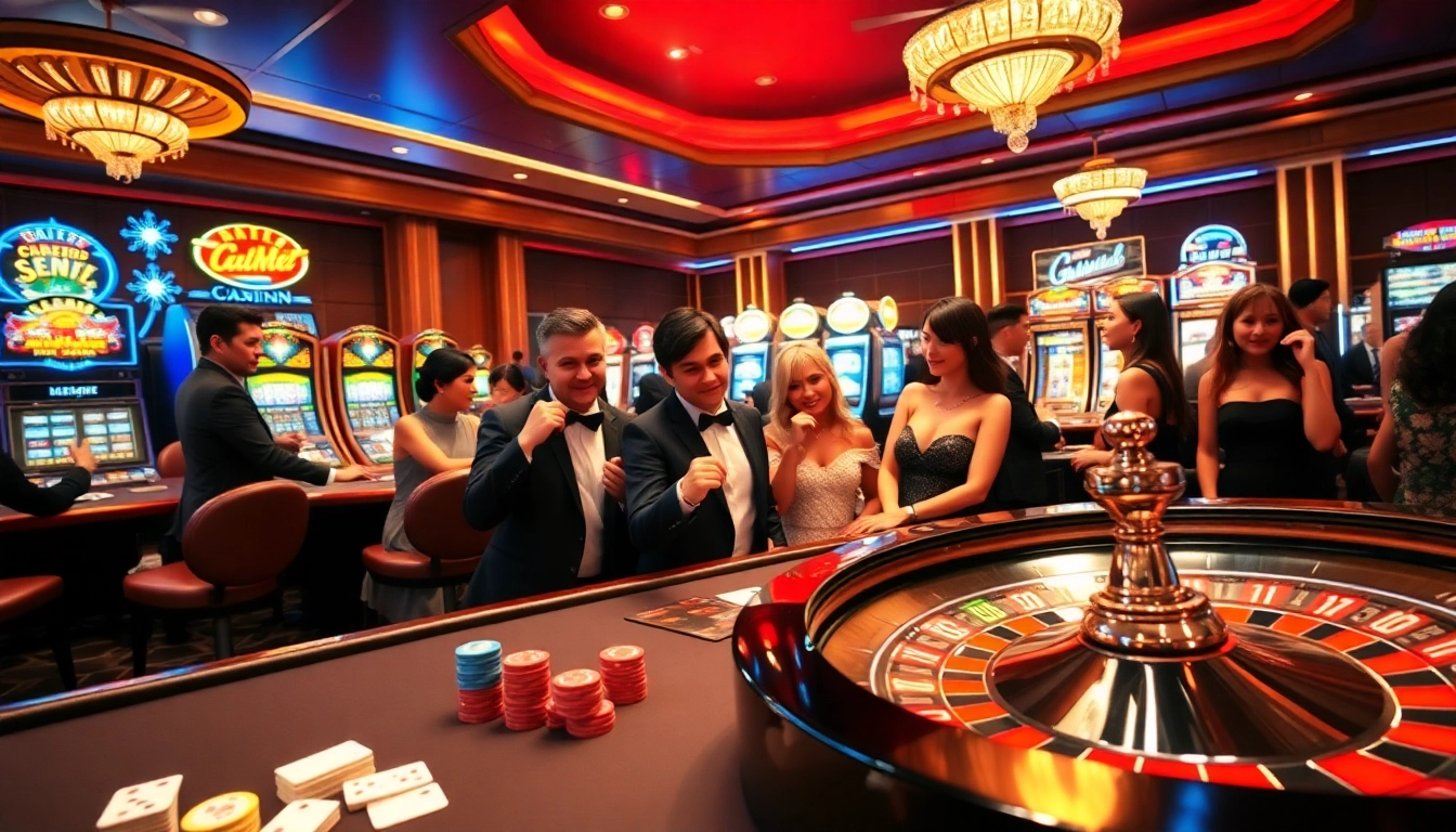 Players engaging in thrilling casino games at May88, featuring colorful roulette and poker elements.