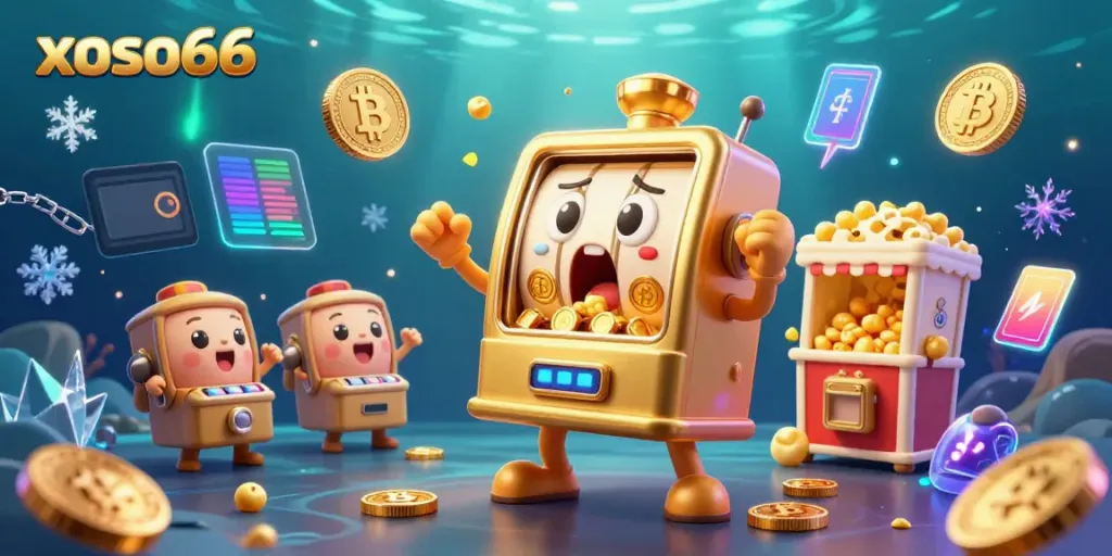 Hit the jackpot with xoso66 in this vibrant 3D scene of a lively slot machine celebration.