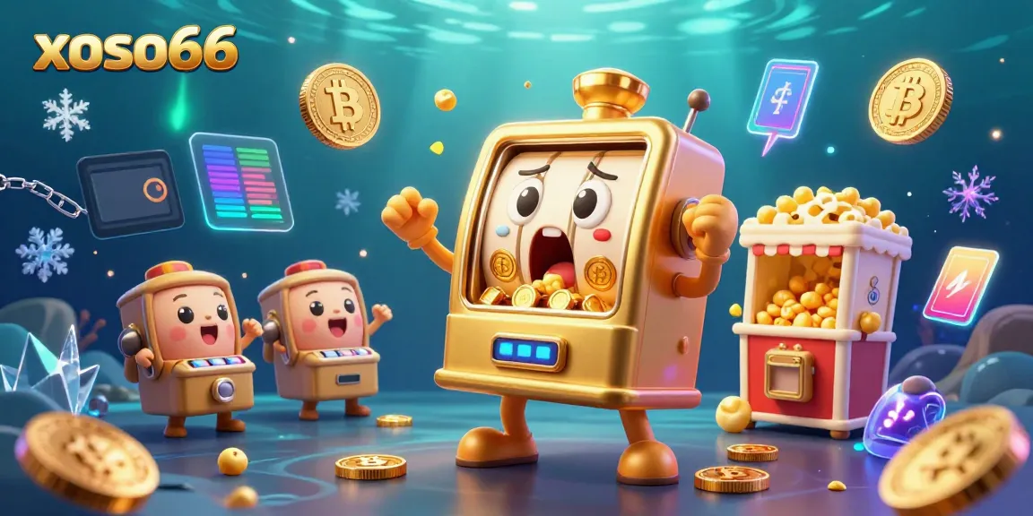 Hit the jackpot with xoso66 in this vibrant 3D scene of a lively slot machine celebration.