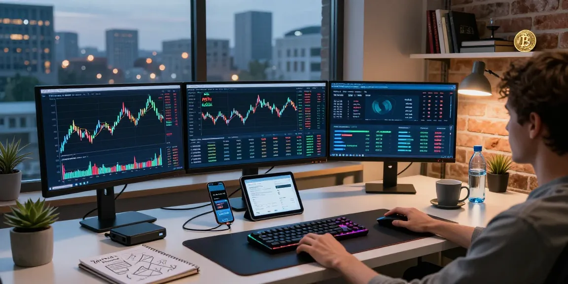 professionele crypto trading workspace van websitepioniers met Bitcoin en Ethereum grafieken en een hardware wallet
