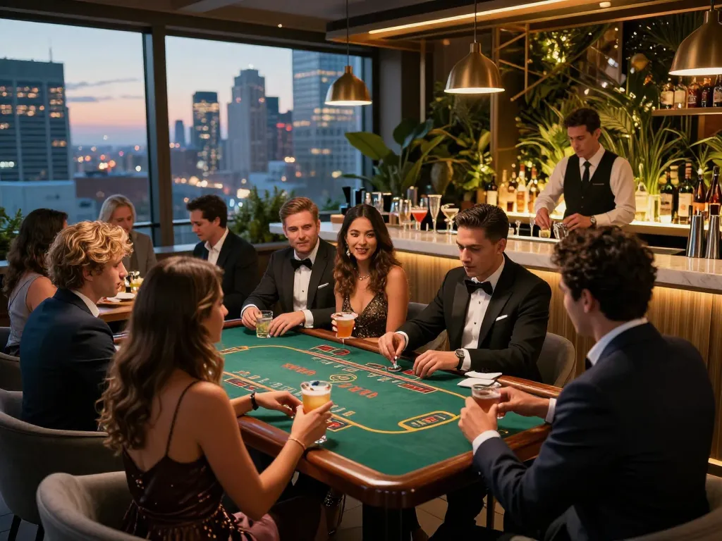 Guests enjoying drinks and panoramic views at NOHU Rooftop while engaging in casino games.