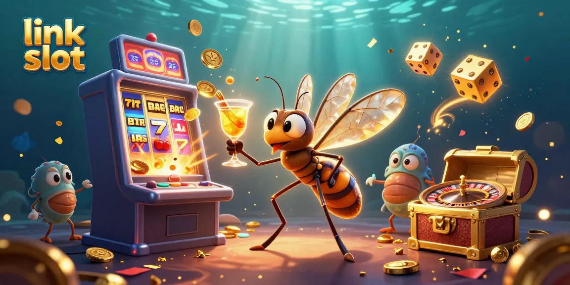 Experience thrilling wins with the "link slot" amidst vibrant casino visuals and dynamic characters.